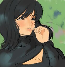 1girls artist_request ava_(gazoogaloo) black_eyes black_hair black_sweater black_turtleneck black_turtleneck_sweater breasts cleavage cleavage_cutout female hair large_breasts long_sleeves mii mole mole_on_breast mole_under_eye nintendo oc short_hair sweater turtleneck turtleneck_sweater