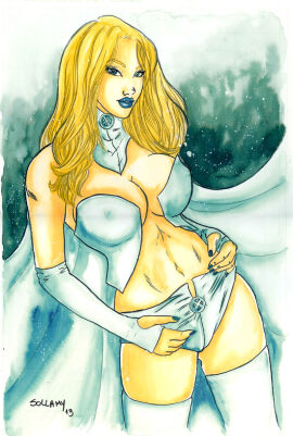2013 blonde_hair blue_eyes blue_lipstick emma_frost female female_only marvel marvel_comics new_x-men nipple_bulge opera_gloves pussy pussy_bulge sollamy thighhighs white_queen x-men