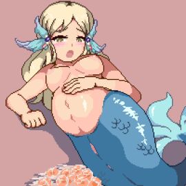 animated birth blonde_hair blush breasts egg egg_laying eggs female fins fish_tail gomadare_(310329) hair_ornament handa_roco idolmaster idolmaster_million_live! long_hair merfolk mermaid monster_girl navel nipples orgasmic_birth pixel_art pregnant pussy simple_background sweat tail vaginal_birth yellow_eyes