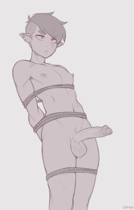 1boy 2d 2d_(artwork) artist_name bondage cock cute dick dross erect_penis erection femboy foreskin humanoid_penis male male_only nipples nude nude_male onyx_(dross) orc orc_femboy orc_male original original_character partially_colored penis red_eyes rope_bondage solo tied_up twink uncircumcised