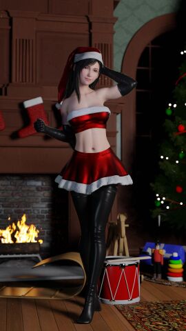 3d 3d_model black_hair christmas christmas_hat christmas_outfit christmas_skirt christmas_stocking christmas_tree elbow_gloves female final_fantasy final_fantasy_vii final_fantasy_vii_remake fireplace fit fit_female gloves hourglass_figure leather_boots leather_gloves living_room long_hair looking_at_viewer posing posing_for_the_viewer red_eyes santa_hat skirt thigh_boots thighhighs tifa_lockhart toys tubetop