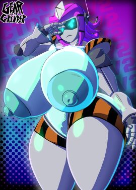 3d 3d_model angry big_nipples blue_breasts breasts female geargrinder44 glowing_eyes gynoid hazard_stripes highres hips huge_breasts puffy_nipples purple_hair robot robot_girl victoria_(geargrinder44) wide_hips