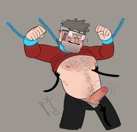 4_fingers 6_fingers bill_cipher blush chained_collar chained_up chained_wrists chest_hair drooling embarrassed floating_hands glasses gravity_falls grey_hair happy_trail male male_only multi_digit multi_finger precum pulling_down_pants shirt_lift solo_male stanford_pines touching_chest