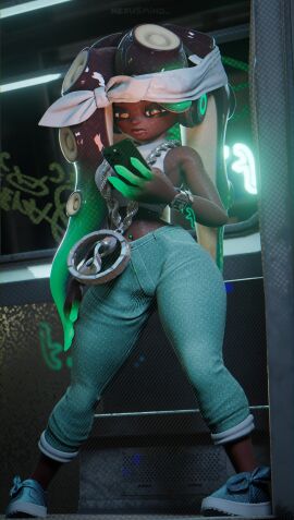 3d 3d_(artwork) 3d_model background bandana big_ears black_body black_hair bottomwear chains clothed clothing crop_top cuffs_(clothing) dark-skinned_female dark_skin filter full_body gradient_background graffiti graffiti_on_wall green_eyes green_hair green_pants hand_on_thigh headgear headphones headwear hi_res high_quality highres hip_focus hips hips_wider_than_shoulders holding_object holding_phone iphone jeans legs legs_apart long_hair looking_at_phone looking_away marina_(splatoon) marina_(wo262) marina_ida multicolored_eyes nexusmind nintendo octoling octoling_girl pants phone render shoes slim_waist splatoon splatoon_(series) splatoon_2 splatoon_3 subway subway_train swaying swaying_hips tank_top tentacle tentacle_hair topwear two-tone_hair watch wo262_(3d_model_style) wristwear