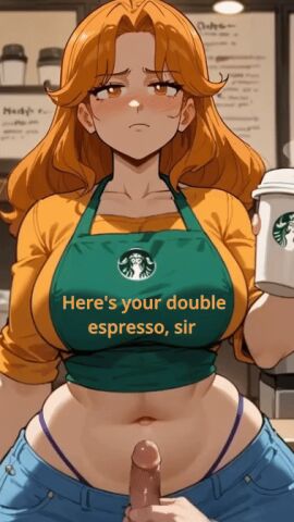ai_assisted ai_generated animated annoyed annoyed_expression annoyed_face barista belly belly_button belly_button_penetration bodyshot broad_hips brown_eyes clothed_female coffee coffee_cup coffee_shop cum_in_navel cum_on_belly curves dialogue dirty_talk green_apron midriff midriff_baring_shirt midriff_focus midriff_peek midriff_showing navel_fetish navel_penetration navel_poke orange_hair orange_sweater ordering pov pov_eye_contact starbucks