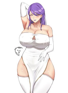 1girls absurd_res alternate_version_available armpits armwear breasts cleavage clothed clothing dress earrings eyebrows_visible_through_hair female female_only hi_res huge_breasts legwear lipstick long_hair mature mature_female milf mole mole_under_eye n0n_001 original purple_hair purple_lipstick solo solo_female tall_female textless_version thick_thighs thighhighs white_armwear white_dress wide_hips