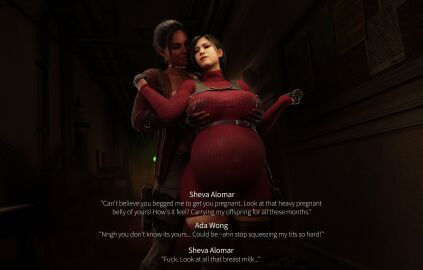 1futa 1girls 3d ada_wong asian asian_female big_belly black_hair breasts dark-skinned_futa dark_skin dinoboy555 english english_text female female_focus futa_wife futa_with_female futanari intersex lactating lactation light-skinned_female light_skin milk milking pregnant pregnant_belly pregnant_female resident_evil resident_evil_4 resident_evil_4_remake resident_evil_5 sheva_alomar squeezing squeezing_breast story