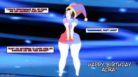 1girls ass big_ass big_butt covering_self embarrassed female glitch_productions koikatsu pomni_(the_amazing_digital_circus) sayoblack stage text text_box the_amazing_digital_circus unseen_character