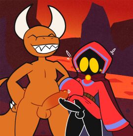 2024 absurd_res anthro balls balls_size_difference big_penis black_balls black_glans black_penis blue_clothing blue_robe bodily_fluids bottomless cape claws closed_eyes clothed clothing demon duo erection fatduud finger_claws genital_fluids genitals glans grin hands_on_hips hi_res horn humanoid_genitalia humanoid_penis lava leo_the_magician long_sleeves male no_pupils nude orange_balls orange_penis outside penis penis_size_difference precum raised_robe red_cape red_clothing red_robe robe shadow_creature sharp_teeth smile standing teeth thigh_gap to-be-named-later white_claws white_horn yellow_eyes