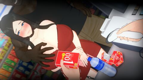 1boy 1girls 3d 3d_(artwork) 3d_render blue_eyes blush blush_lines buying_condoms clothed clothed_female_clothed_male clothed_male_clothed_female clothing condom condom_box dark-skinned_male dark_skin employee_pov grabbing_breasts koikatsu light-skinned_female light-skinned_male mifuyu_(tachumi) not_porn scanning_items shaking_hands tachumi uncomfortable