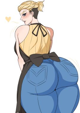 1girls 2d 2d_(artwork) apron ass big_ass blonde-haired_female blonde_eyebrows blonde_female blonde_hair blue_eyes blue_jeans clothing demon_dog demondog17 digital_drawing_(artwork) digital_media_(artwork) ear_piercing eyebrow_piercing female female_only heart_symbol jeans light-skinned_female light_skin looking_at_viewer looking_back sleeveless_shirt solo solo_female undercut