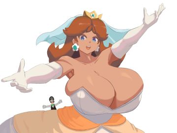 1boy 1girls breast_focus breasts dress female huge_breasts looking_at_viewer luigi male mario_(series) massive_breasts princess_daisy rodgewp tagme tanned tanned_skin wedding_dress