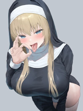 1girls blonde_hair blue_eyes breasts commentary fellatio_gesture female grey_background guimpe highres large_breasts long_hair looking_at_viewer nun oekakizuki original piercing simple_background solo thighhighs tongue_piercing traditional_nun white_thighhighs wimple