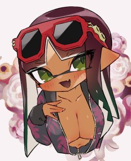 1girls areola_slip areolae bangs blunt_bangs blush breasts cleavage dokudami-sama_(vaz_999) female glasses glasses_on_head green_eyes inkling inkling_girl jacket looking_at_viewer navel nintendo nipples_peek no_bra open_mouth pointy_ears solo solo_female solo_focus splatoon splatoon_(series) splatoon_oc sunglasses sunglasses_on_head tentacle tentacle_hair tentacles unzipped unzipped_jacket upper_body vaz_999