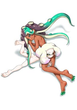 2girls ass ass_pillow barefoot butt_pillow chocolate_and_vanilla completely_nude convenient_censoring dark_hair dark_skin feet female female_on_female female_only green_eyes green_hair hand_on_ass hand_on_butt hand_on_thigh head_on_ass humanoid inkling inkling_girl koharuno2 lesbian lesbians light_hair long_hair looking_at_viewer lying lying_down marina_(splatoon) mole_under_mouth naked naked_female narrowed_eyes no_visible_genitalia nude nude_female octoling octoling_girl on_stomach pale_skin pearl_(splatoon) pink_hair short_hair skinny splatoon splatoon_(series) splatoon_2 tentacle_hair two-tone_hair white_background yellow_eyes yuri