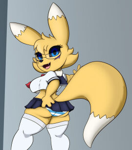 4_fingers anthro anthro_only ass bandai_namco big_ass big_breasts black_sclera blue_eyes bottomwear breasts canid canine capcom clothing crop_top crossover cute_fangs digimon digimon_(species) digital_media_(artwork) dipstick_ears dipstick_tail ear_markings eyewear fan_character fangs female fingers footwear fur furry furry_female furry_only glasses head_tuft hi_res hybrid impmon legwear looking_at_viewer mammal markings midriff multicolored_ears multicolored_fur multicolored_tail neronova nipples open_mouth panties pattern_bottomwear pattern_clothing pattern_panties pattern_underwear presenting presenting_ass rear_view renamon renimpmon sakura_kasugano shirt short_stack simple_background skirt smile socks solo standing stockings street_fighter tail tail_markings tail_over_skirt teeth thick_thighs thigh_highs thigh_socks tight_clothing topwear tuft two-tone_fur under_boob underwear white_fur wide_hips yakizu_asaki yellow_fur