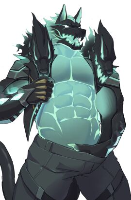 abs anthro blue_body bottomwear canid canid_demon canine canis cerberus cerberus_(fortnite) claws clothed clothing demon epic_games fortnite greek_mythology hand_in_pants hellhound hi_res himbo humanoid male male_only mammal multi_head muscular mythological_canine mythological_creature mythology no_shirt no_underwear pants pants_only pecs sharp_teeth shenqimmm shirtless shirtless_male solo teeth v-line wolf