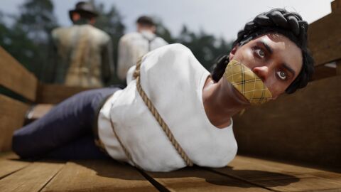 1girls 3d arms_behind_back bondage bound bound_arms bound_legs clothed_bondage damsel_in_distress dark_hair dark_skin female femsub fully_clothed gag gagged helpless kidnapped lying_on_stomach old_west on_side otm_gag red_dead_redemption_(series) red_dead_redemption_2 restrained rindekey rope rope_bondage slave slave_girl slave_raid solo tied_up tilly_jackson video_games western wild_west