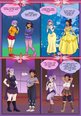 2girls amity_blight beauty_and_the_beast_(1991_film) belle_(cosplay) big_breasts bimbo bimbofication breasts busty cartoon_network comic cosplay couple daphne_blake_(cosplay) dark_skin dialogue disney disney_channel disney_princess dress dyed_hair english_text evil_raccoon female female_only glasses high_heel_boots huge_breasts large_breasts latina luz_noceda miniskirt multiple_females multiple_girls multiple_pregnancies pale_skin platform_boots pointy_ears ponytail pregnant purple_hair scooby-doo shapeshifting short_hair skirt snow_white_(cosplay) snow_white_and_the_seven_dwarfs_(1937_film) speech_bubble text the_owl_house velma_dinkley_(cosplay) witch yuri