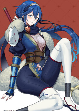 1girls ameno_(a_meno0) blue_eyes blue_hair breasts cleavage female fire_emblem fire_emblem_awakening fire_emblem_heroes fishnets hairband looking_at_viewer lucina_(fire_emblem) ninja nintendo see-through see-through_clothing small_breasts thick_thighs thighs