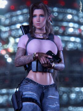 1girls 3d 3d_(artwork) abs aerith_gainsborough arm_tattoo blue_eyes bow_ribbon bracelet female final_fantasy final_fantasy_vii final_fantasy_vii_remake fingerless_gloves gun holster jeans necklace pink_topwear pistol ribbon simple_background sleeve_tattoo square_enix str4hl tactical_gear tattoo_sleeve tattooed_arm tattoos torn_clothes trigger_discipline