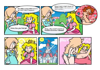2girls accurate_art_style comic domnirch english_text female luigi mario_(series) nintendo princess_daisy princess_peach princess_rosalina sex_toy strap-on strapon super_mario_bros. text text_bubble