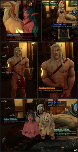 1boy 3d 3girls barbell_piercing black_hair blizzard_entertainment blonde_hair blood_elf blue_hair caelie comic comic_page dialogue female interspecies kalec_sunwhisper light-skinned_female light-skinned_male light_skin lulusa_wildmist lynthia male mr_sunwhisper multicolored_hair night_elf nipple_piercing nipples original_character piercing pubic_hair purple_skin tattoo void_elf warcraft white_hair world_of_warcraft