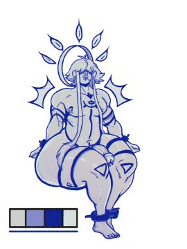 1boy adoptable angel_halo angel_wings ass belly big_lips blue_highlights broad_shoulders chilling color_palette digital_media_(artwork) eyes_covered femboy gay hair_over_eyes hi_res highres kojoarts light_blue_skin lolipop male male_focus male_only multi_eye penis penis_piercing piercings round_ass round_butt shackles short_hair sitting_down soft_feathers solo tattoos thick_thighs voluptuous voluptuous_male white_background wide_hips