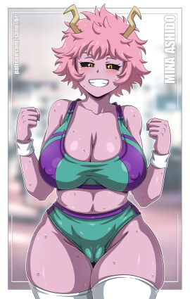 big_breasts boku_no_hero_academia breasts camel_toe mina_ashido my_hero_academia nipple_bulge nipples nipples_visible_through_clothing pink_hair pink_skin