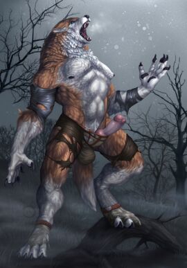 1anthro 4_toes 5_fingers abs after_transformation animal_genitalia animal_penis anthro anthro_only balls black_nipples blue_eyes bottomwear breath broad_shoulders brown_body brown_fur canid canine canine_genitalia canine_penis canis claws clothing destroyed_clothing detailed_background digitigrade ears_back erection feet fingers fluffy fog footwear fur genitals hi_res knot male mammal muscular muscular_anthro muscular_male mythological_canine mythological_creature mythology night nipples open_mouth outside pawpads paws pecs penis pivoted_ears plant post-transformation roaring socks solo solo_male st.likhod standing star teeth toe_claws toes tongue topwear torn_bottomwear torn_clothing torn_footwear torn_socks torn_topwear torn_underwear transformation tree underwear vein veiny_penis watermark were werecanid werecanine werewolf white_body white_fur wolf