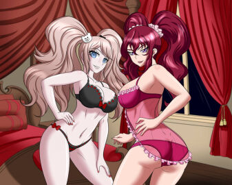 2girls ass bear_hair_ornament bed bedroom black_bra black_lingerie black_panties blonde_hair blue_eyes bra breasts cross_ange danganronpa female female_only hair_scrunchie hand_on_hip hilda_(cross_ange) junko_enoshima large_breasts lingerie looking_at_viewer midriff navel negligee painted_fingernails panties pillow pink_lingerie pink_negligee pink_panties purple_eyes red_hair twintails zantyarz