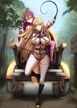 2girls arms_behind_back artist_request blonde_female blonde_hair blue_eyes bondage bondage_outfit bound bound_arms bound_wrists breasts carriage chained chained_collar chains collar ear_tag elf elf_ears elf_female english_text enslaved female female_focus female_only femdom femsub forced_labor forest forest_background harness hoof_boots horseplay large_breasts leash leash_and_collar long_hair long_legs petplay pointy_ears pony_girl ponygirl ponyplay pulling_carriage purple_hair revealing_clothes running sign slave slave_girl smug tagme thighhighs trail wheel whip