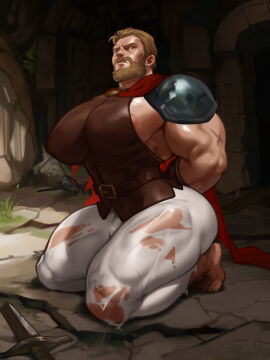 1boy bara barefoot captured facial_hair feet gay gay_male kneeling large_pectorals male male_focus male_only muscular muscular_male nipple_slip pecs pectorals ripped_clothing solo solo_male torn_clothes yaoi yetigo