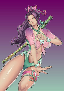 1girls 2025 action_pose artist_name assassin busty curvy female green_eyes hair_ribbon human human_only katana light-skinned_female light_skin looking_at_viewer marvel marvel_comics marvel_rivals midriff navel one-piece_swimsuit ponytail psylocke psylocke_(sai)_(breezy_butterfly) purple_hair questionable sheath smile smiling_at_viewer swimsuit sword thigh_strap thotlerrr treartz violet_background weapon