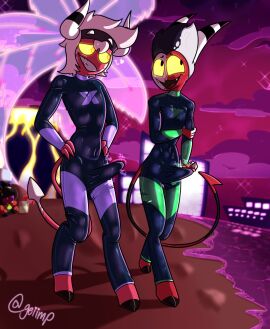 2boys beach bodysuit bulge bulge_through_clothing confident embarrassed erection femboy gay geiimp grin helluva_boss horns imp imp_(helluva_boss) male oc outdoors skin_tight smile tight_clothing toothy_grin walking white_hair yaoi