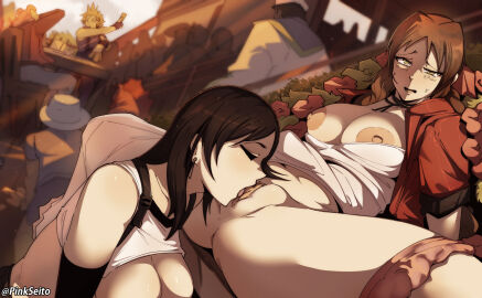 2girls aerith_gainsborough black-haired_female black_hair breasts brown-haired_female brown_hair cloud_strife female female_only final_fantasy final_fantasy_vii high_resolution large_breasts multiple_females multiple_girls pinkseito pussy spread_legs tifa_lockhart very_high_resolution yuri