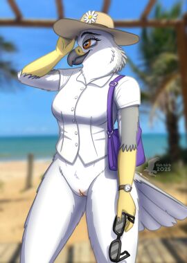 absurd_res accipitrid accipitriform annie_(fish_birb) anthro avian beach bird bottomless bottomless_female casual_clothing casual_exposure clock clothed clothing collared_shirt dress_shirt eyewear female fish_birb genitals hat headgear headwear hi_res kite_(bird) purse pussy shirt solo summer sun_hat sunglasses topwear vulva watch white-tailed_kite