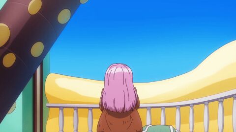 2025 20s aged_up animated anime_screenshot ass ass_focus belt belt_buckle blue_sky bracelet brown_jacket character_name female female_focus huge_ass jacket jewelry_bonney long_hair midriff one_piece pink_hair shirt short_shorts sitting solo suspenders tagme transformation white_shirt