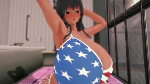 1boy1girl animated armpits bath bathroom big_breasts black_eyes black_hair blush breasts brown_skin covered_nipples dark-skinned_female dark_skin female happy happy_female huge_breasts koikatsu kotegawa_yui light-skinned_female light_skin longer_than_10_seconds male male/female massive_areolae massive_breasts no_sound penis pov pov_male smile ss_sakuya_ss swimsuit tagme to_love-ru to_love-ru_darkness usa video xebec yuuki_rito