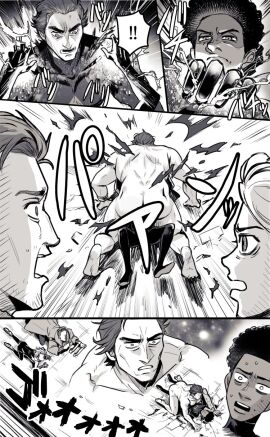 1girls 3boys ass clothing_damage convenient_censoring electricity feet female gwen_stacy gwen_stacy_(spider-verse) male male_feet male_focus marvel marvel_comics miguel_o'hara miles_morales monochrome mozusuka on_knees peter_b_parker shocked_expression spider-man:_across_the_spider-verse spider-man_(series) surprised_expression sweatdrop yaoi