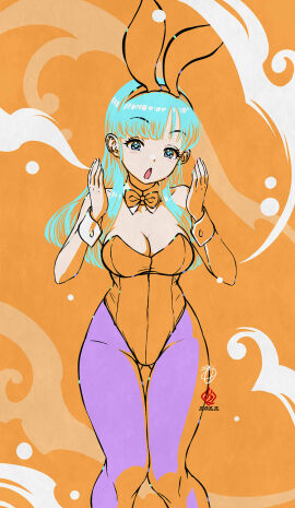 animal_ears aqua_eyes aqua_hair bow bowtie breasts bulma_briefs cleavage detached_collar dragon_ball dragon_ball_(classic) fake_animal_ears female gluteal_fold highres kanchiyo leotard limited_palette long_hair medium_breasts open_mouth orange_background orange_bow orange_bowtie orange_leotard pantyhose playboy_bunny purple_pantyhose thigh_gap wrist_cuffs