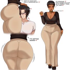 1boy 1boy1girl 1girls big_ass big_breasts big_butt big_thighs black_hair blush breasts child_bearing_hips cleavage dark-skinned_female dark_hair dark_skin demon_dog english english_dialogue english_text flare_pants forbidden_pants full_body fully_clothed gentle gentle_femdom glasses hand_on_head head_against_thigh head_pat headpat high_heels huge_ass husband husband_and_wife light-skinned_male makeup mature mature_female mommy mommy_kink muscular muscular_male older_female original original_character original_characters painted_nails piercing piercings pixie_cut purple_eyes short_hair simple_background smile standing stroking_hair thick thick_ass thick_thighs tomoe_tsukishima_(demon_dog) wide_hips wide_thighs wife wife_and_husband wolf_cut yellow_eyes younger_male
