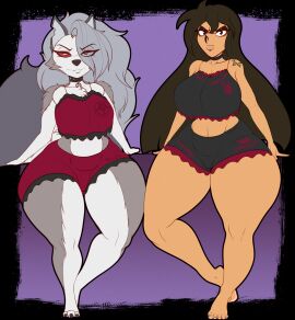 2girls anthro big_breasts bottom_heavy breasts clothing crossover demon demon_girl female female_only furry hellhound helluva_boss human libby_stein-torres looking_at_viewer loona_(helluva_boss) n-kosi n-kosi_(coloring) png the_ghost_and_molly_mcgee thick_thighs thunder_thighs underwear wide_hips
