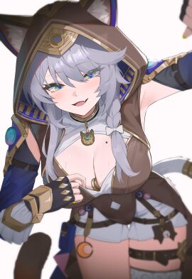 :3 animal_ears artist_name between_breasts big_breasts blush boob_window braid breasts cat_ears cat_girl cat_tail catgirl cipher_(honkai:_star_rail) cleavage cute_fang female grey_hair honkai:_star_rail honkai_(series) hoodie hoyoverse large_breasts mole mole_on_breast nvl shorts smug smug_face source_request tail teasing thigh_strap