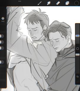 2boys arms_tied_above_head black_and_white blush closed_eyes cropped dubious_consent hwang_in-ho male male/male male_focus male_only midriff moaning motte_teto seong_gi-hun shirt_lift short_hair squid_game suggestive sweatdrop touching_chest yaoi