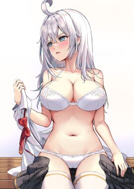 1girls ahoge alisa_mikhailovna_kujou bare_arms bare_belly bare_shoulders belly_button big_breasts blue_eyes blush bra breasts cleavage collarbone female female_only korozus long_hair navel open_mouth panties russian sitting solo sweatdrop thighhighs thighs tokidoki_bosotto_russian_de_dereru_tonari_no_alya-san underwear undressing unworn_clothes white_bra white_hair white_panties white_thighhighs wide_hips zettai_ryouiki