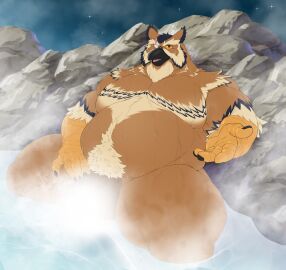 anthro avian balls belly bird censored censored_balls censored_genitalia censored_penis extending_hand eye_scar facial_scar great_horned_owl horned_owl hot_spring looking_at_viewer lox_oleum male naturally_censored night owl penis pubes reaching_towards_viewer rock scar sitting_in_water solo star steam taighet_28 true_owl water