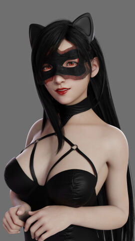 3d 3d_model big_breasts black_hair breasts cat_ears cleavage eyemask fake_animal_ears female final_fantasy final_fantasy_vii final_fantasy_vii_remake fit fit_female leather leather_clothing long_hair looking_at_viewer mask masked masked_female red_eyes red_lipstick smile smile_at_viewer straps tifa_lockhart