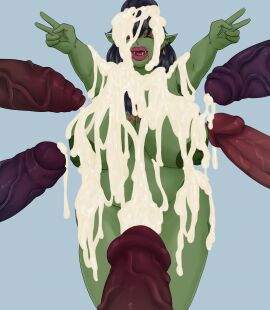 5boys alternate_version_available breasts bukkake chubby_female covered_in_cum dark-skinned_male dark_skin excessive_cum female green_skin hairy_armpits hairy_pussy huge_breasts huge_cock male male/female mantekun orc orc_female original_character penis pussy scar simple_background thick_lips thick_thighs