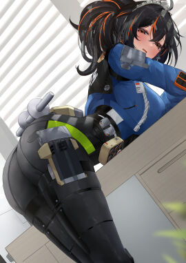 1girls ass ass_focus bent_over big_ass big_butt black_hair blush clothed female handlebar handles leaning_forward looking_at_viewer n9at nervous pants ponytail red_eyes red_hair shy solo table thick_ass thick_thighs zenless_zone_zero zhu_yuan